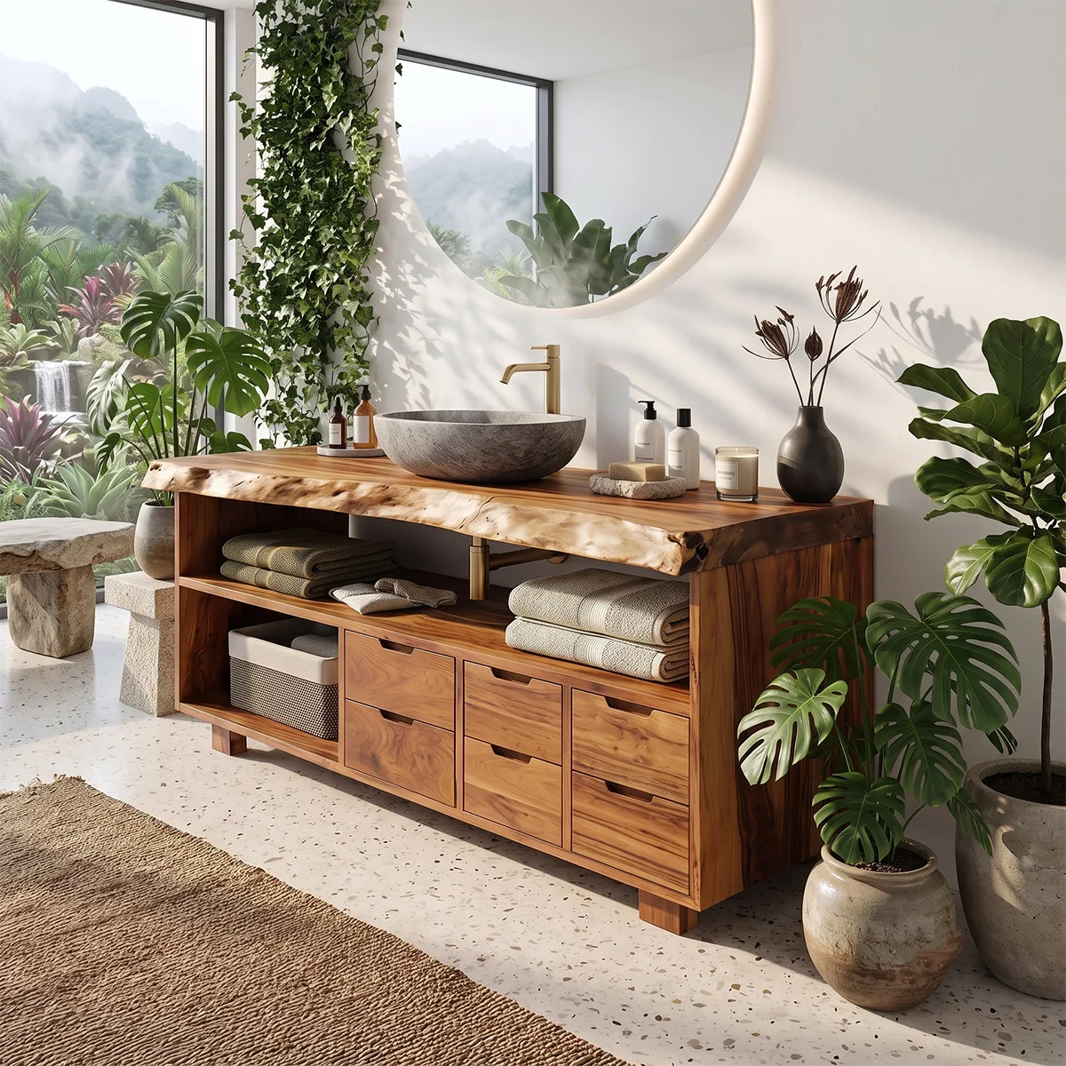 Live Edge Bathroom Vanity with Open Shelving & Multi-Drawer Storage TH003-9EZH8IM