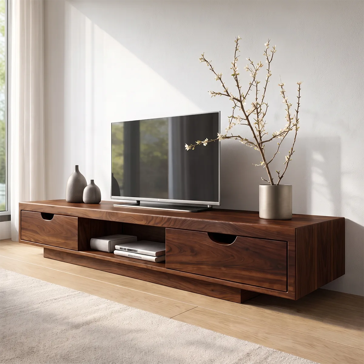 Modern TV Stand with 2 Drawers & Open Shelf | Low Profile Media Console