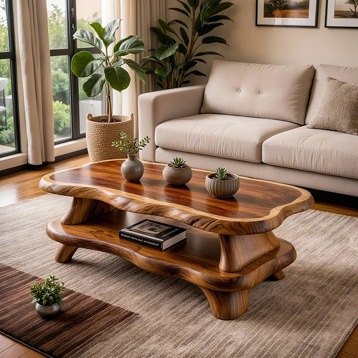 Organic Solid Wood Coffee Table with Storage Shelf | Modern Live Edge Center Table TT006-8710