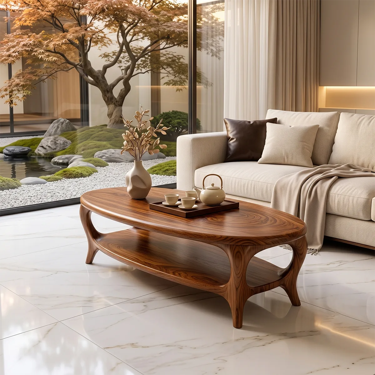 Modern Oval Coffee Table with Shelf | Sculptural Organic Center Table TH003-8066