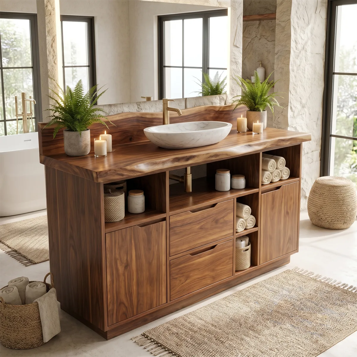 Freestanding Live Edge Bathroom Vanity with Drawers, Cabinets & Open Storage | Modern Wood Vanity