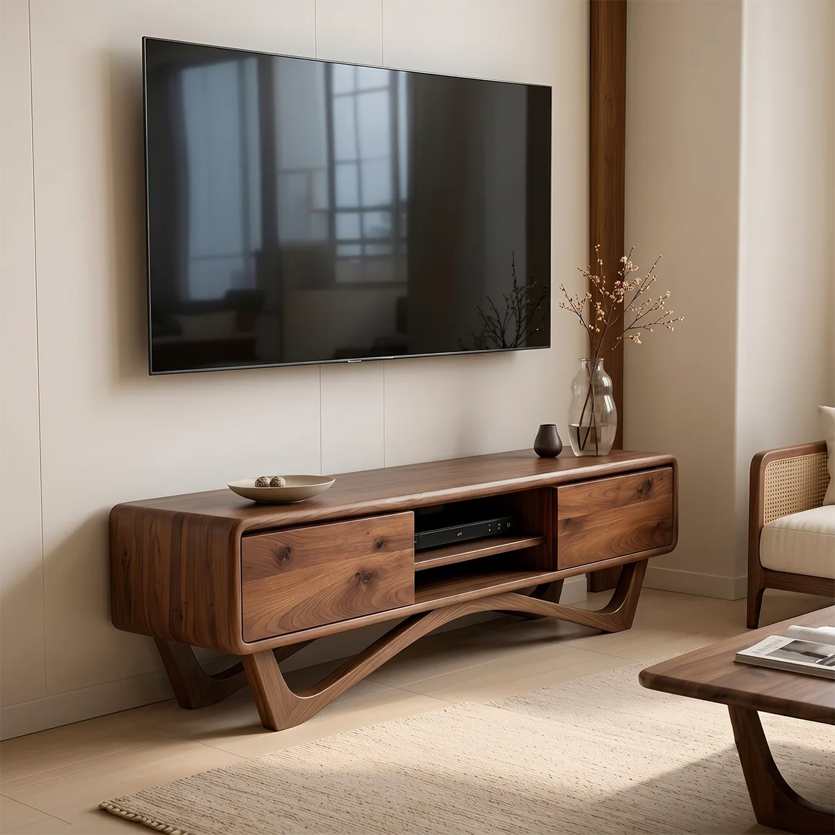 Modern TV Stand with 2 Cabinets & Open Shelves | Sculptural Media Console