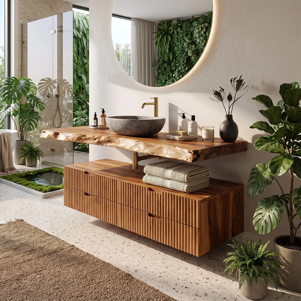 Floating Fluted Bathroom Vanity | Modern Live Edge Wood Vanity TH003-8BWH6MI