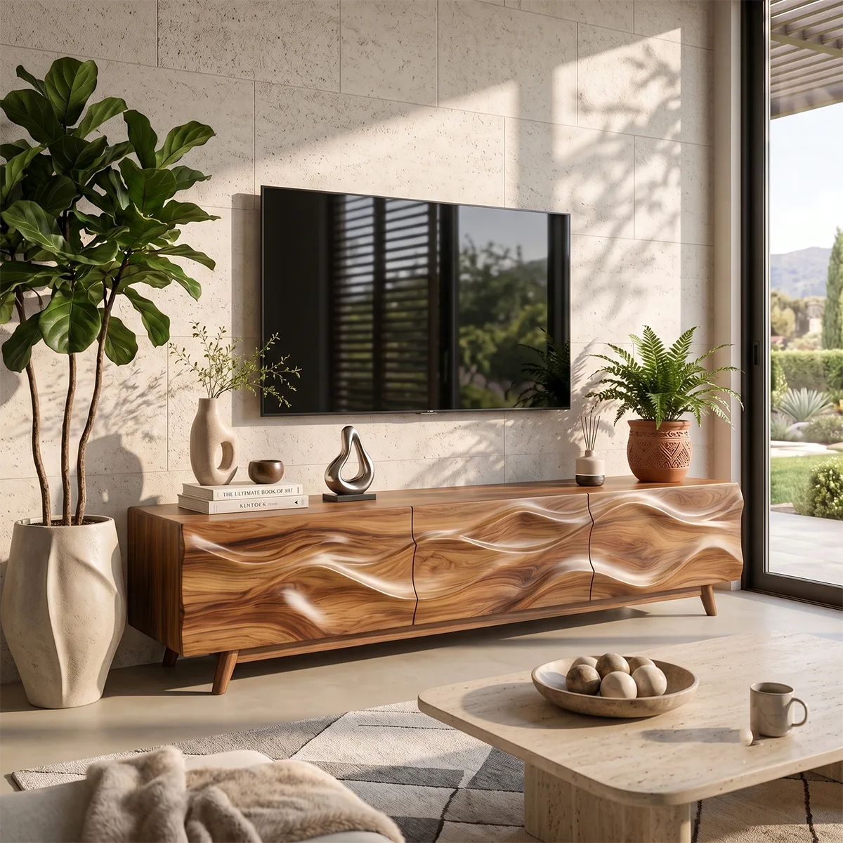 Wave Carved TV Stand with Cabinets & Drawer | Sculptural Media Console TH003-6OAB8FA