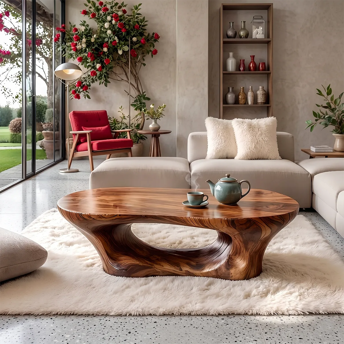 Sculptural Organic Coffee Table | Curved Open Base Modern Living Room Center Table