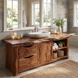 Live Edge Bathroom Vanity with Drawers, Cabinet & Open Shelves | Freestanding Rustic Modern Vanity