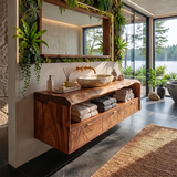Floating Bathroom Vanity with Live Edge Countertop & Carved Drawer Fronts TH003-6UAW7UW