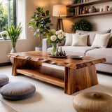 Solid Wood Live Edge Coffee Table | Rustic Modern Coffee Table with Storage Shelf TT006-9440