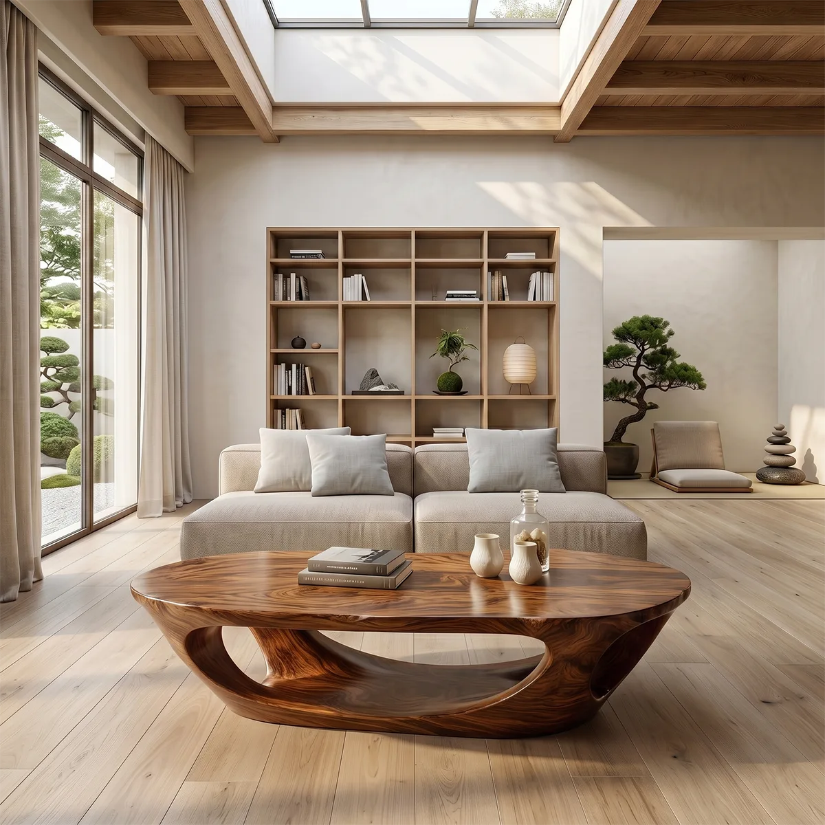 Sculptural Organic Coffee Table with Open Shelf | Modern Curved Living Room Center Table