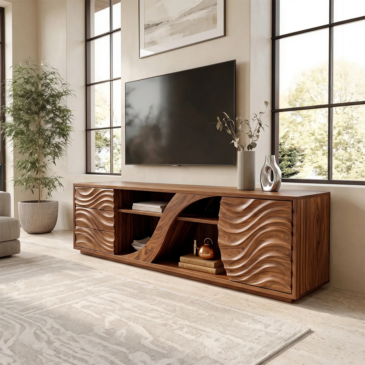 Wave Carved TV Stand with Drawers & Cabinet | Sculptural Media Console TH003-4MXF2YH