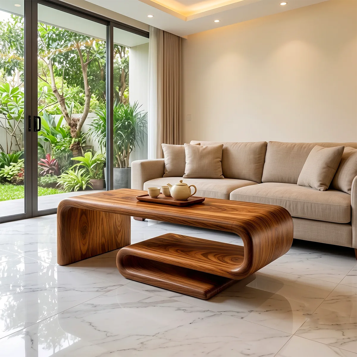 Modern Waterfall Coffee Table | Contemporary Center Table with Open Shelf Storage TH003-5383