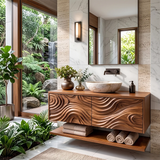 Floating Bathroom Vanity with Sculpted Wave Doors & Open Shelf | Modern Solid Wood Vanity TH003-9MII5QN
