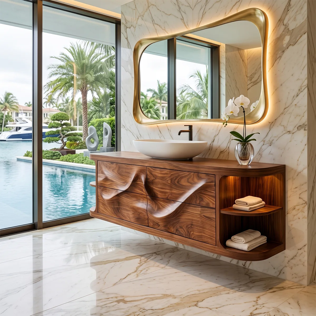 Sculptural Floating Bathroom Vanity with Artistic Wave Front & Open Side Shelves