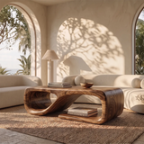 Sculptural Rectangular Coffee Table with Open Shelf | Organic Modern Rounded Center Table