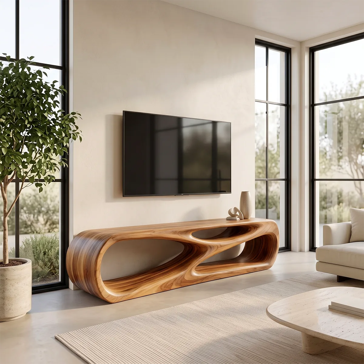 Sculptural TV Stand with Curved Open Shelves | Modern Media Console TH003-2TDK3XA