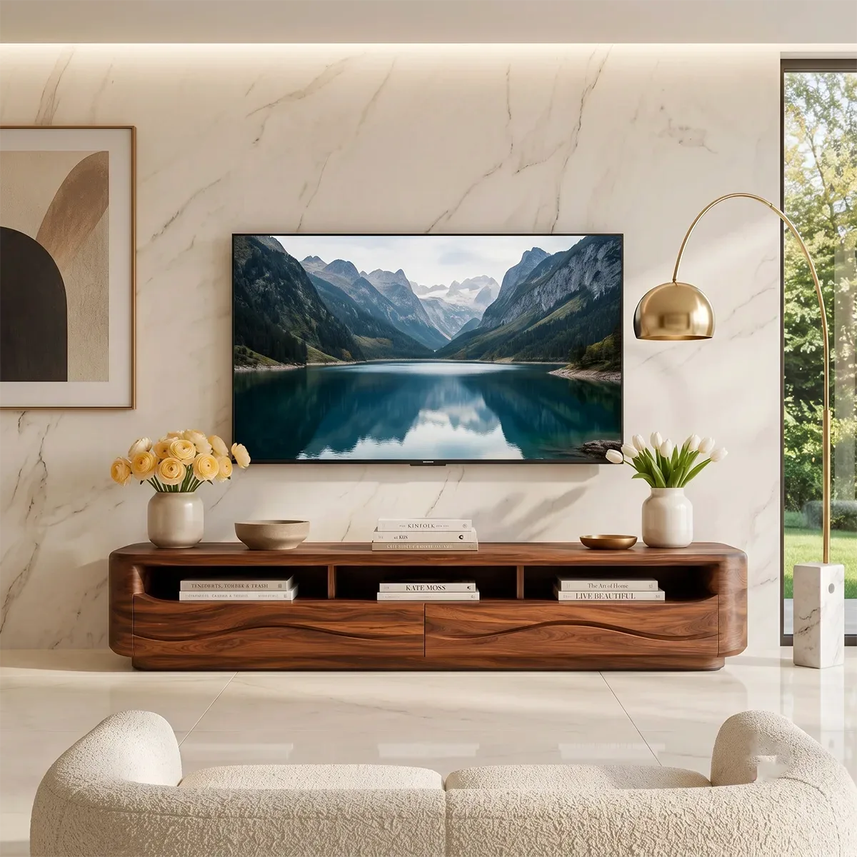 Organic Modern TV Stand with Open Shelves & 2 Drawers | Modern Media Console TT006-6HLG3MY