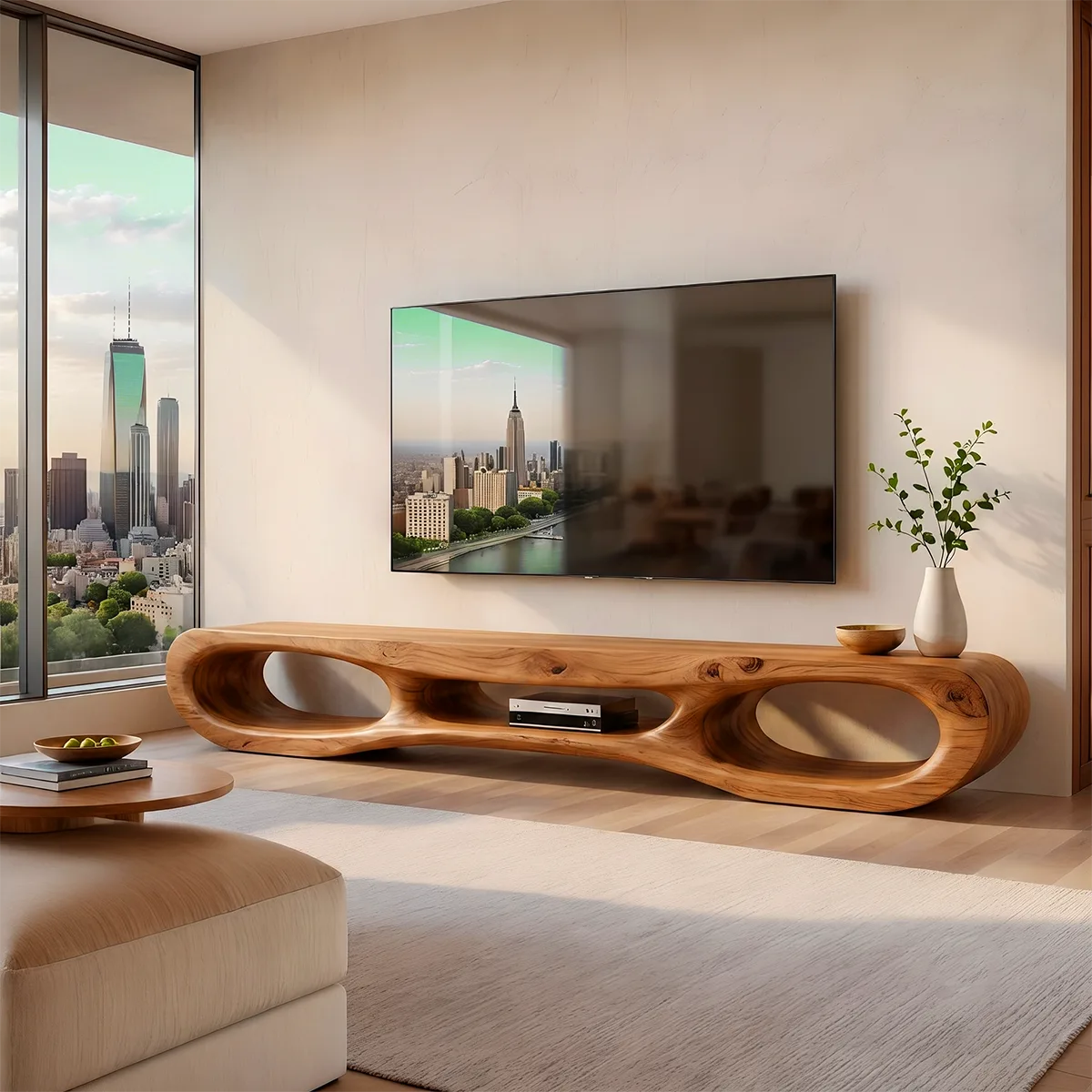Organic Modern TV Stand with Triple Open Shelving & Sculptural Curved Design TT006-3KAV6WJ