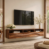 Floating TV Stand with Open Shelving & Three Drawers | Organic Modern TV Console TT006-5STK9KO