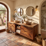 Double Sink Floating Solid Wood Bathroom Vanity | Modern Bathroom Vanity with Four Drawers and Open Shelves TT006-9FKJ3AR