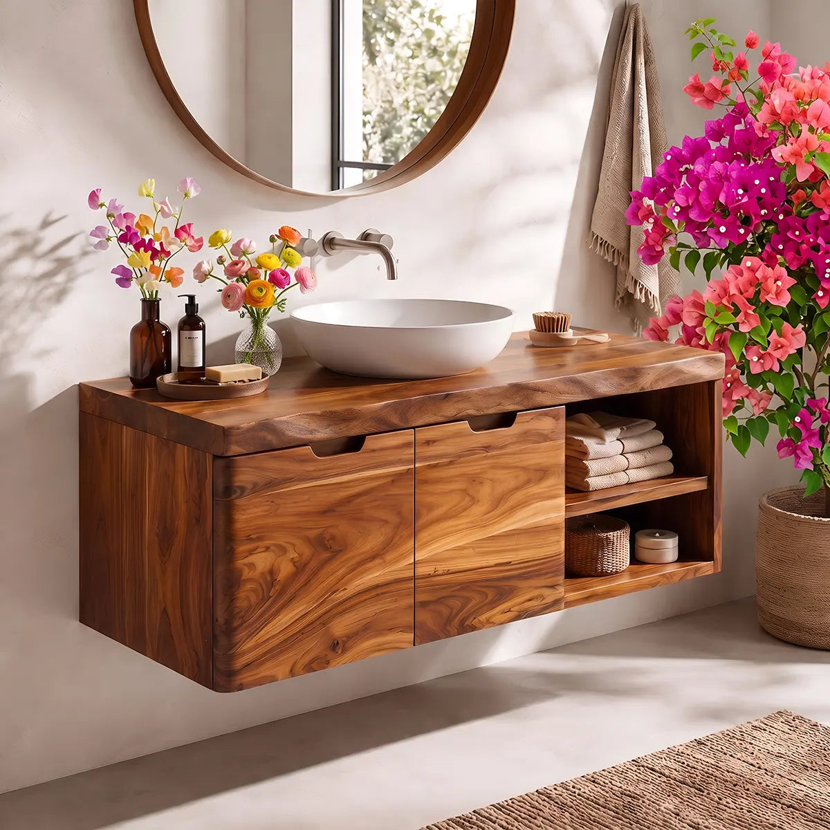 Floating Solid Wood Bathroom Vanity | Wall Mounted Single Sink Vanity with Double-Door Cabinet & Open Side Shelves TT006-8RLE6IL