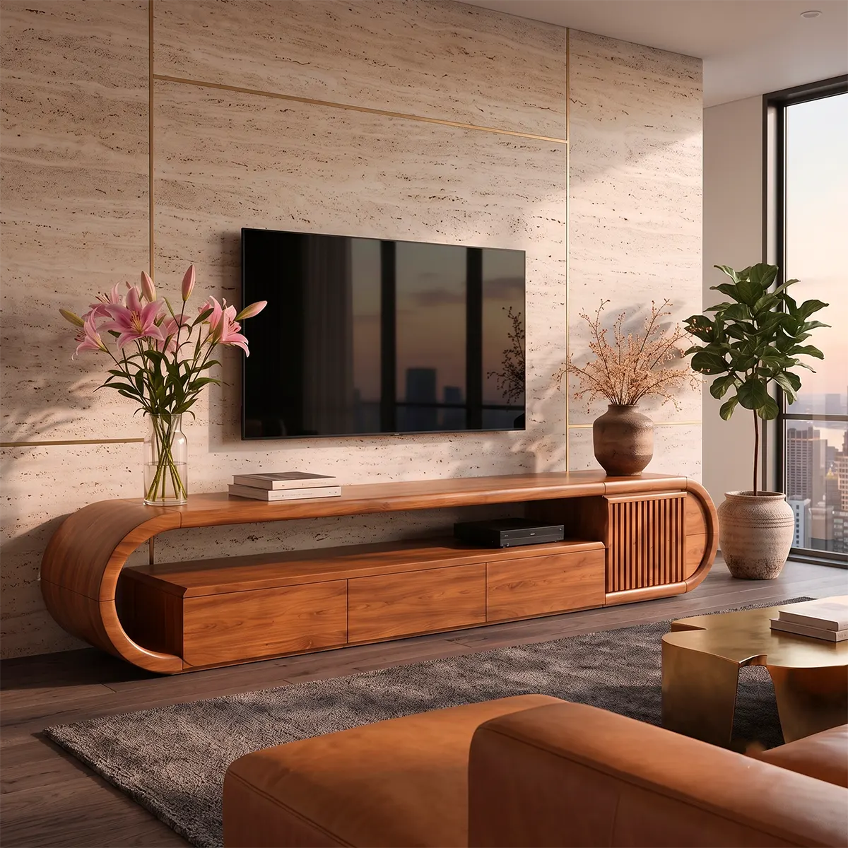 Modern TV Stand with 3 Drawers, Open Shelf & Fluted Cabinet | Curved Media Console