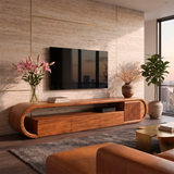 Modern TV Stand with 3 Drawers, Open Shelf & Fluted Cabinet | Curved Media Console
