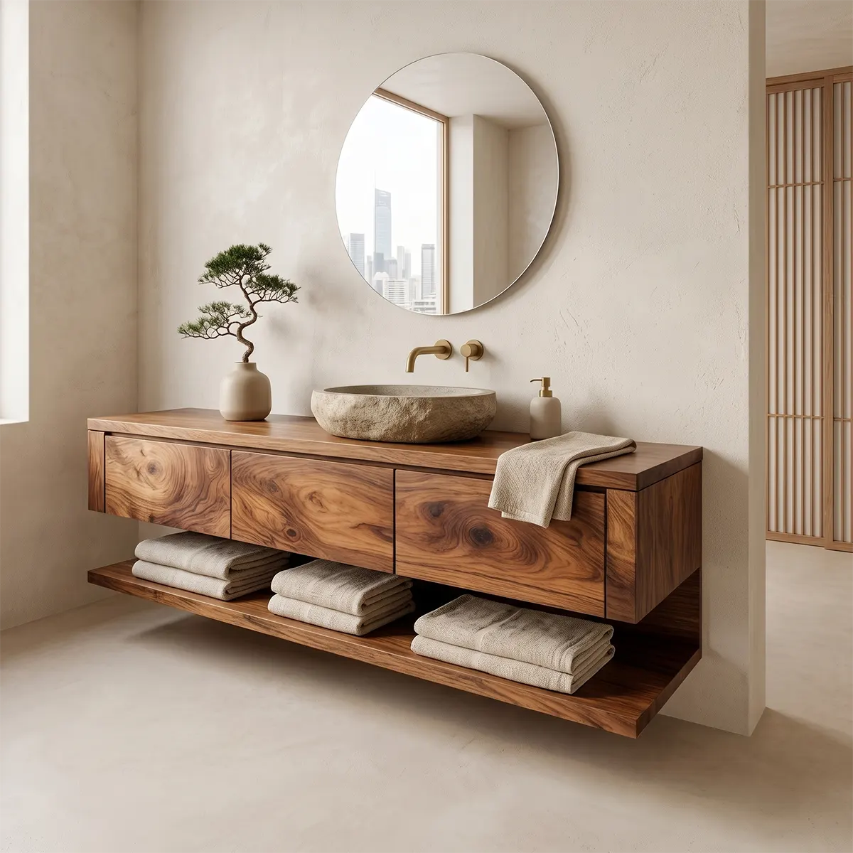 Floating Bathroom Vanity with 3 Drawers & Full-Length Open Shelf | Modern Minimalist Wall Mounted Design