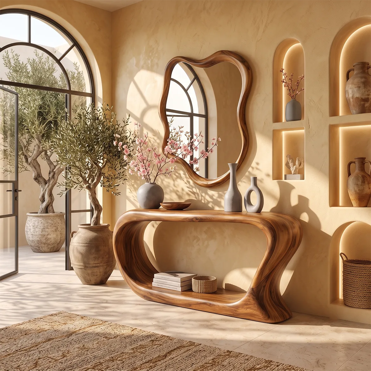 Organic Modern Console Table with Open Shelf & Sculptural Curved Frame for Entryway TT006-6916