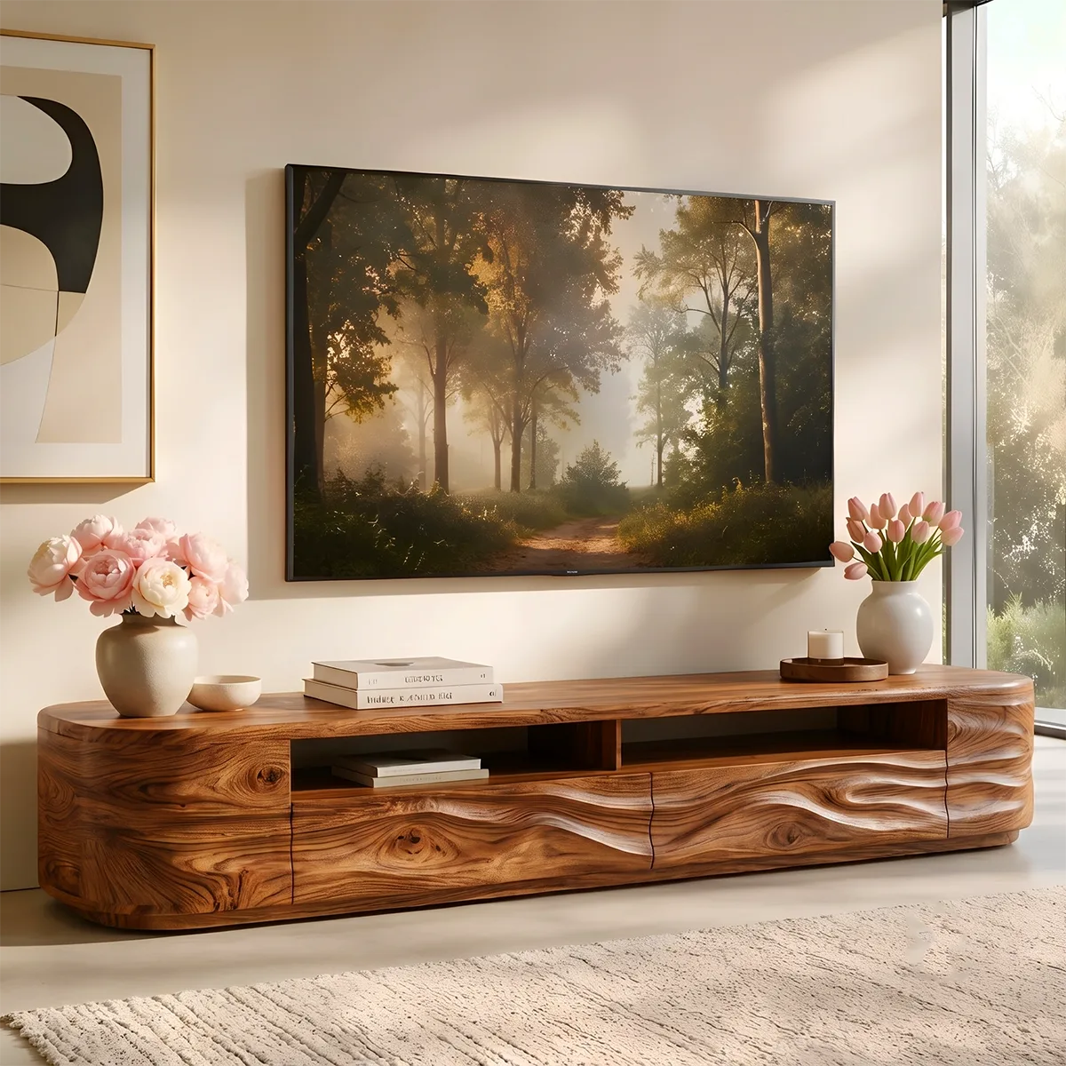 Modern TV Stand with Open Display Shelf & Wave Front Drawers TT006-6OLZ4XW