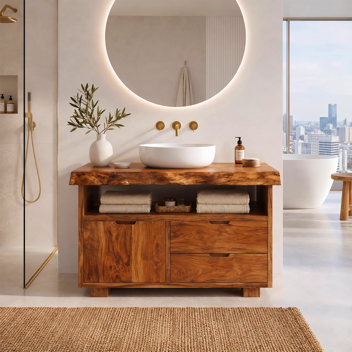 Freestanding Bathroom Vanity with Storage & Open Shelf | Live Edge Modern Design