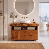 Freestanding Bathroom Vanity with Storage & Open Shelf | Live Edge Modern Design
