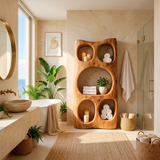 Tall Bathroom Storage Cabinet with Open Shelves | Sculptural Organic Modern Storage Tower