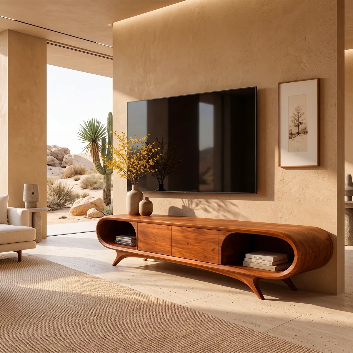 Sculptural Curved TV Stand with 2 Concealed Storage Compartments & Open Shelves | Modern Media Console