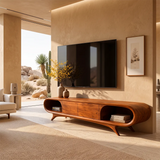 Sculptural Curved TV Stand with 2 Concealed Storage Compartments & Open Shelves | Modern Media Console