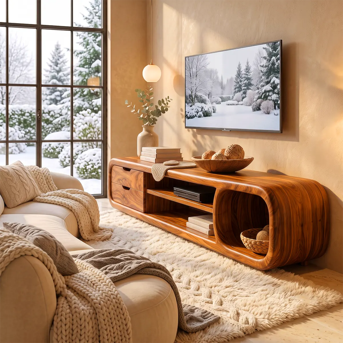 Sculptural Curved TV Stand with 2 Drawers & Open Shelves | Modern Low Profile Media Console