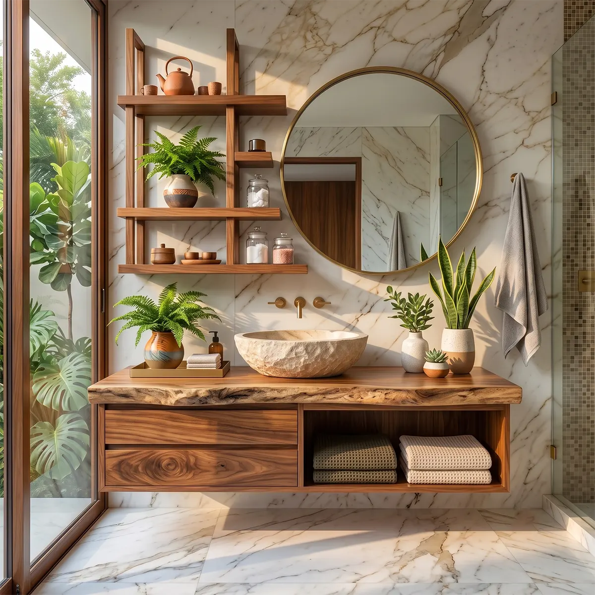 Floating Solid Wood Bathroom Vanity with Drawers & Open Shelf | Wall Mounted Bathroom Vanity with Live Edge Countertop TT006-5OAT6SE