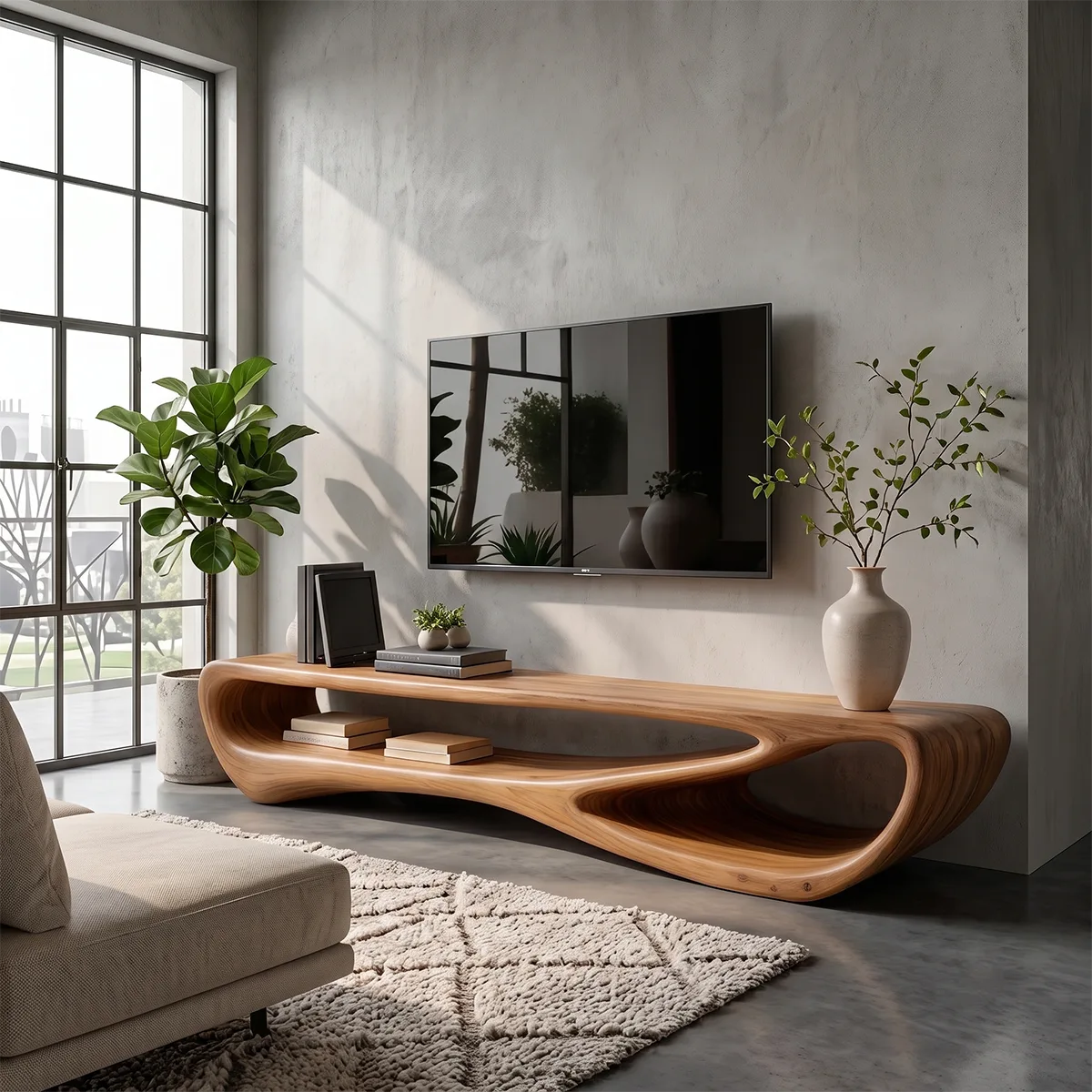 Organic Modern TV Stand with Sculptural Open Shelving & Curved Silhouette TT006-8QOM3WX