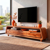 Modern Curved TV Stand with 3 Drawers & Long Open Media Shelf