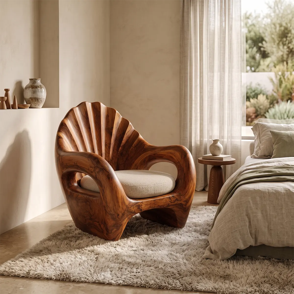 Sculptural Shell Back Armchair with Curved Open Arms | Organic Statement Lounge Chair