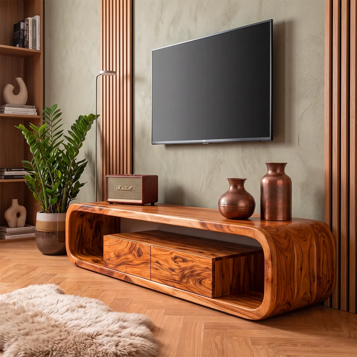 Modern Curved TV Stand with 2 Drawers & Open Storage | Low Profile Media Console