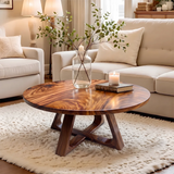 Round Wood Coffee Table with Sculptural Geometric Base | Modern Organic Center Table
