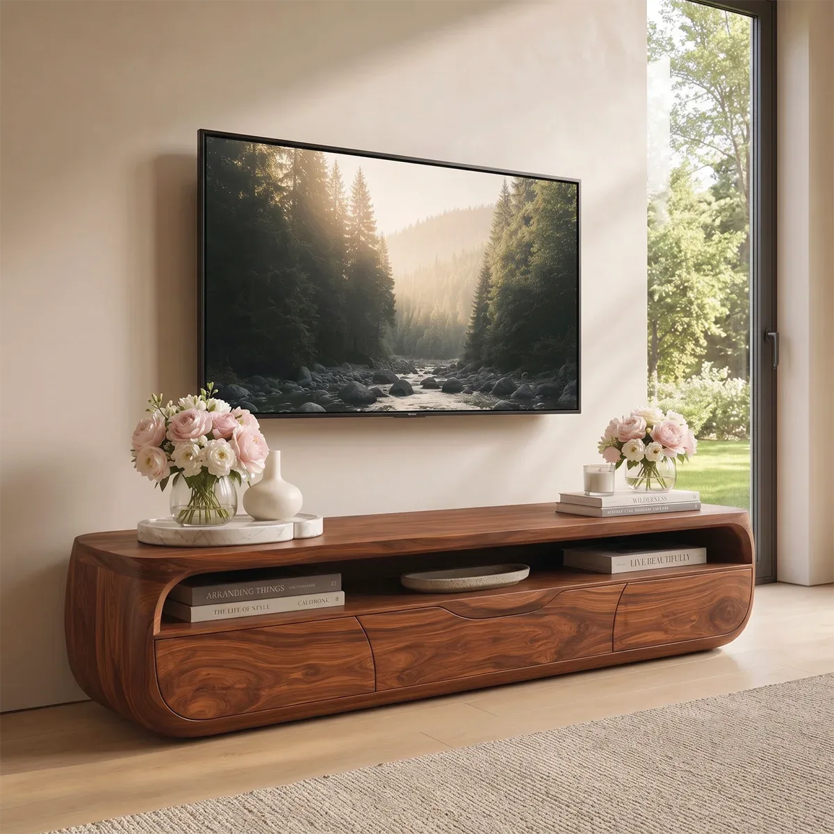 Modern TV Stand with Open Display Shelf & Storage Drawers TT006-5QMV1KJ