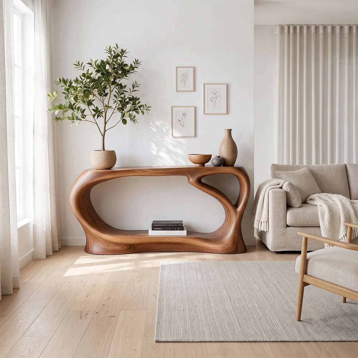 Organic Modern Console Table with Sculptural Open Frame & Display Shelf TT006-1286