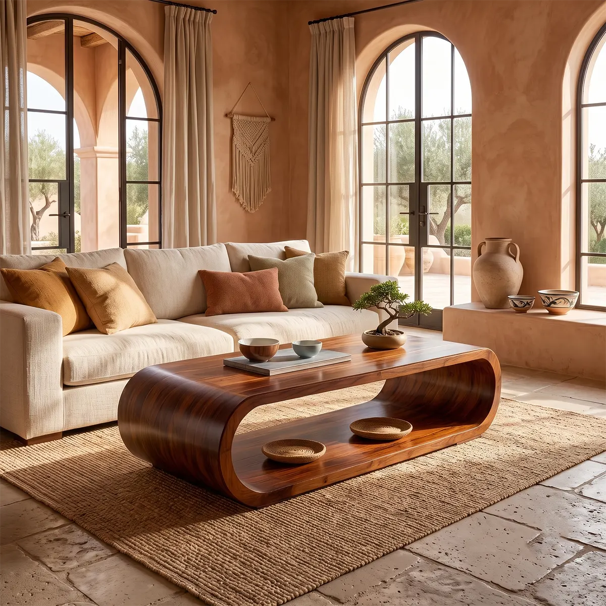 Solid Wood Waterfall Coffee Table with Open Storage | Modern Organic Living Room Table