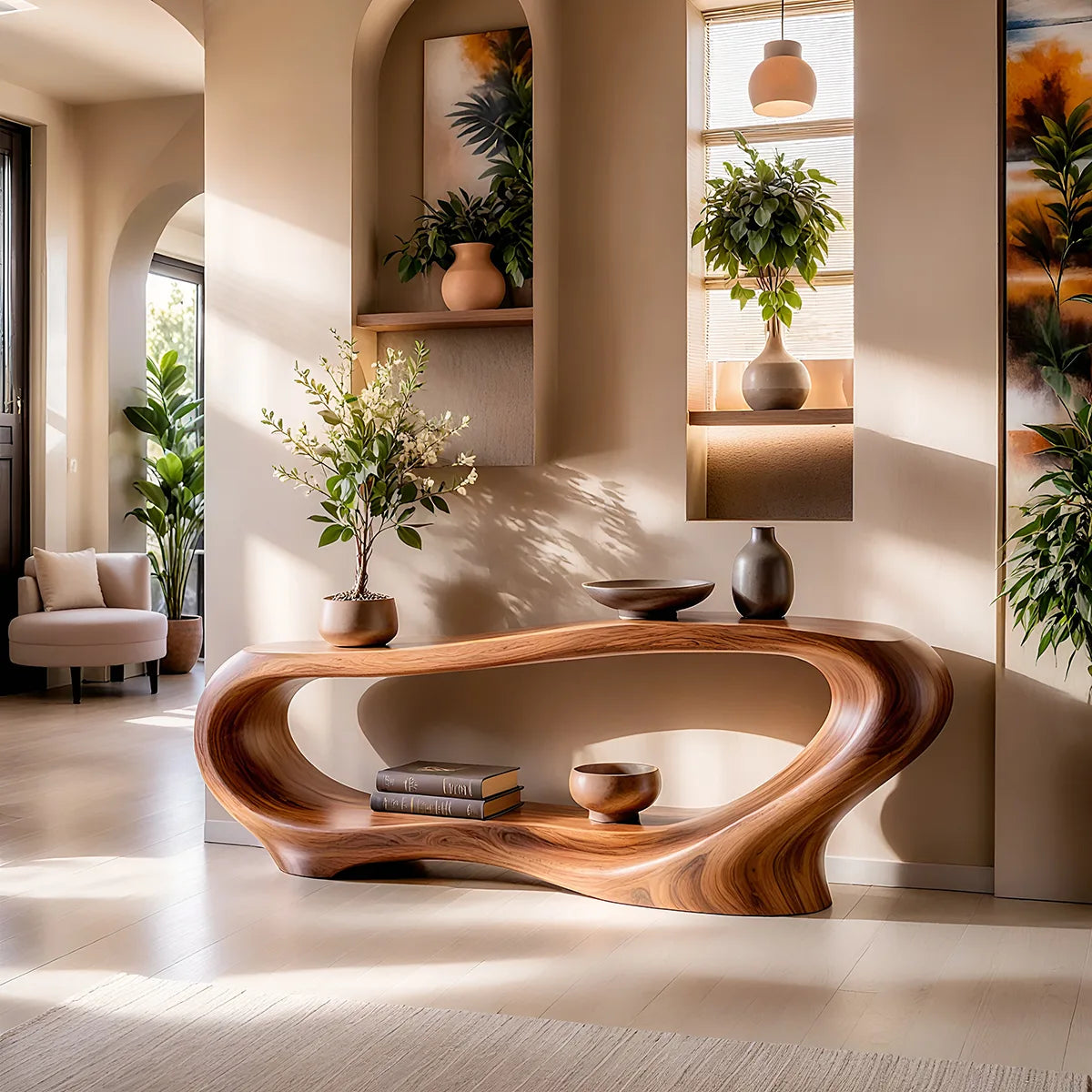 Organic Modern Console Table with Open Display Shelf & Sculptural Curved Design TT006-3660
