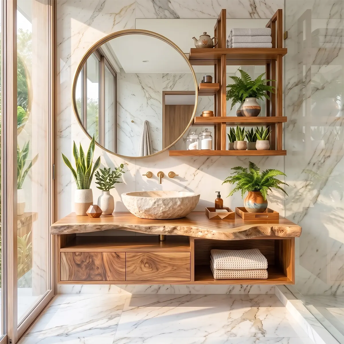 Live Edge Floating Bathroom Vanity with Drawers & Open Shelf | Solid Wood Wall Mounted Bathroom Vanity TT006-9VCQ2QP