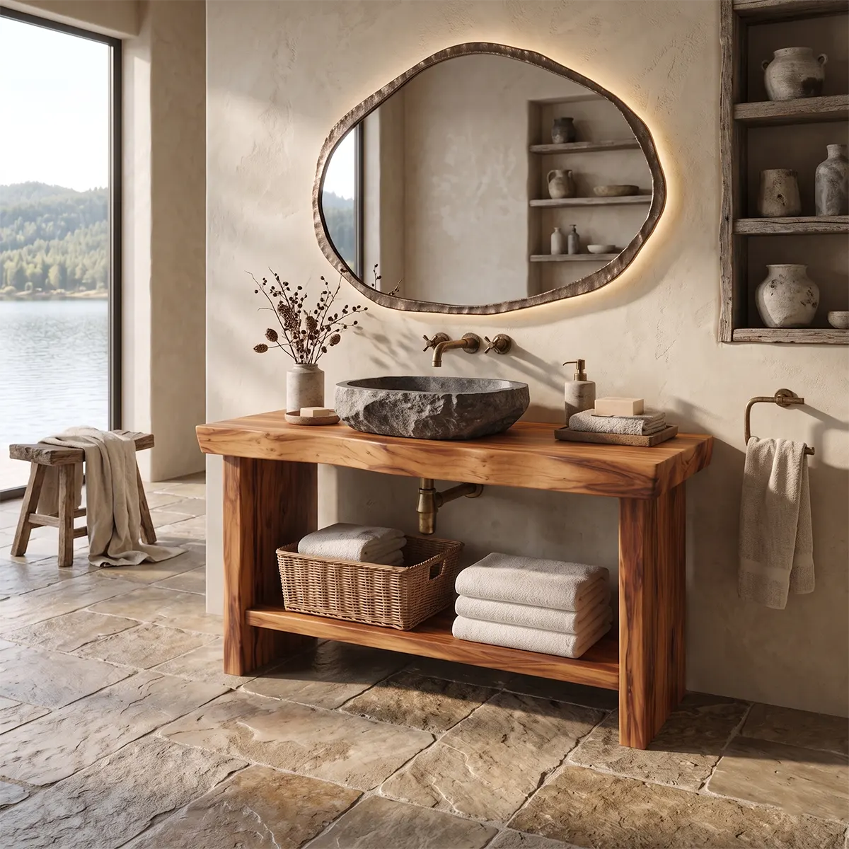 Freestanding Bathroom Vanity with Open Shelf | Organic Modern Bathroom Storage
