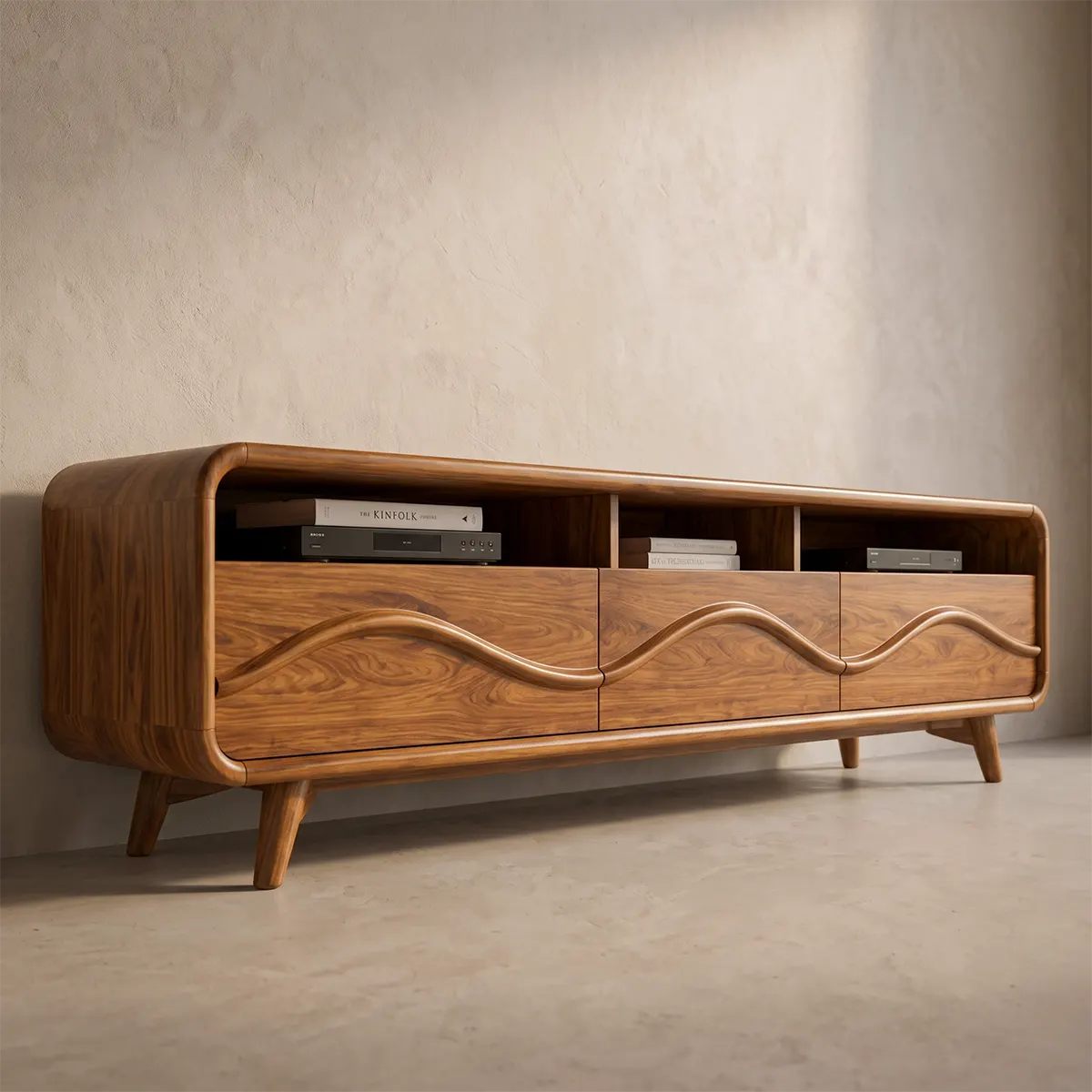 Modern Wave Front TV Stand with 3 Drawers & Open Storage | Curved Entertainment Console