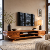 Sculptural Curved TV Stand with Open Media Shelves & Concealed Storage | Modern Entertainment Console