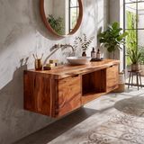 Floating Solid Wood Bathroom Vanity | Live Edge Bathroom Vanity with Double Door Storage and Open Shelf TT006-5OZQ9AW